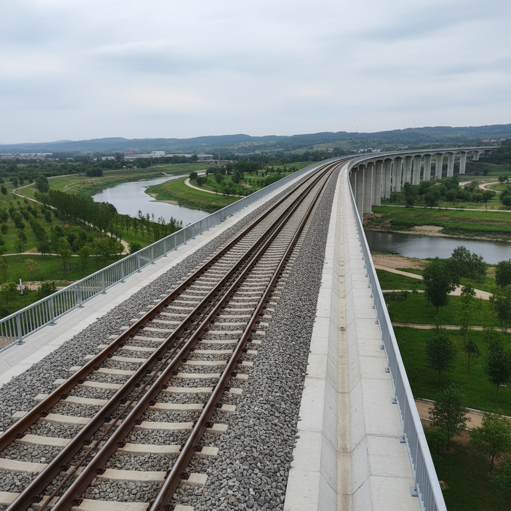 A modern rail transport corridor in photographic realism, showing twin steel tracks running with precise alignment across a sleek concrete viaduct. The rails glint subtly under soft overcast daylight, while evenly spaced ballast and carefully engineered drainage channels display technical care. Below, a gently meandering river and managed green embankments provide contrast to the rigid linear infrastructure. The camera is positioned at rail level, slightly offset, creating a strong sense of depth and forward motion as the tracks vanish toward the horizon. Diffused sky lighting produces minimal shadows, highlighting detail and surface texture without harsh contrast. The mood is calm, controlled, and highly professional, emphasizing reliability and long-term resilience in transport infrastructure delivery, with no trains or people visible, only pristine, ready-for-service assets.
